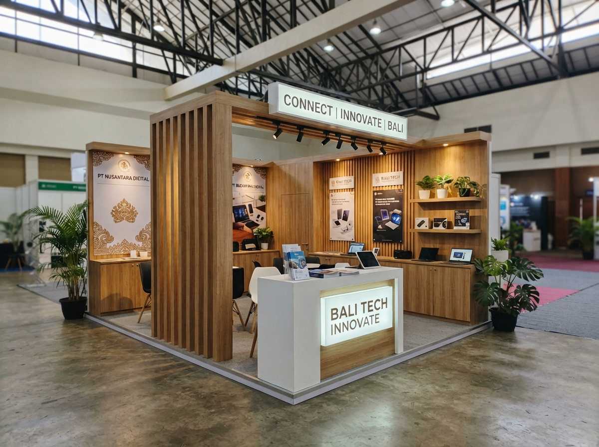 Fabrikasi interior kustom komersial untuk memastikan estetika desain booth pameran unik yang kokoh di Bali.