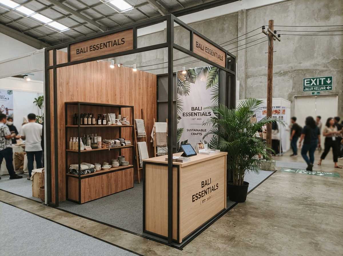 Penerapan sistem booth semi custom modern dengan kombinasi material panel kustom estetis untuk pameran dagang di Bali.
