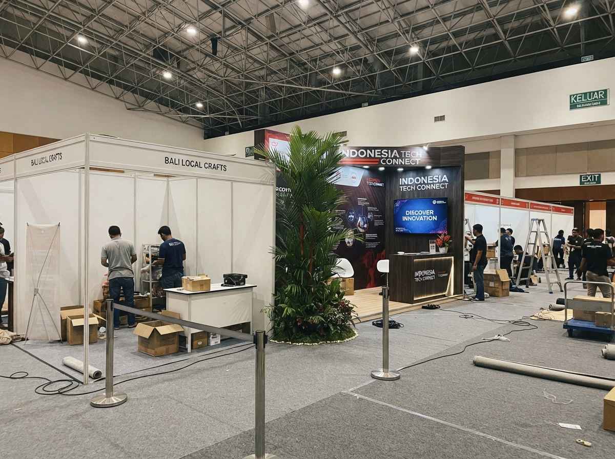 Memahami aspek detail perbedaan booth dan stand pameran untuk persiapan dekorasi eksibisi bisnis di Bali.