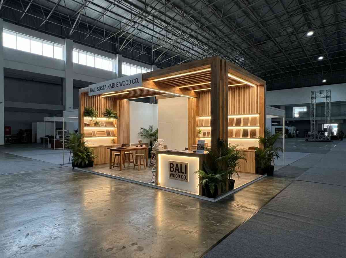 Hasil fabrikasi kustom komersial untuk memastikan estetika desain booth pameran premium yang kokoh di Bali.